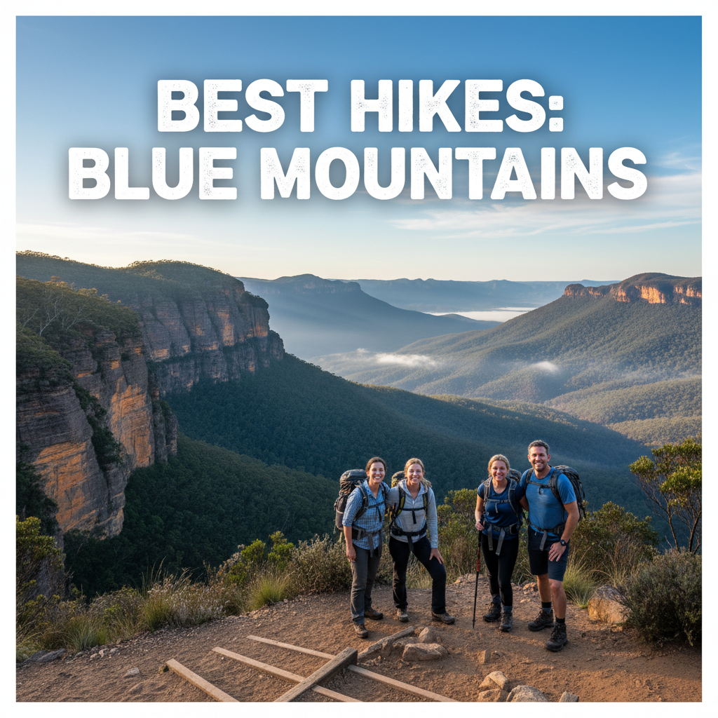 Best Hikes: Blue Mountains—happy hikers on a scenic trail with cliffs, forests, and sunlit valleys.