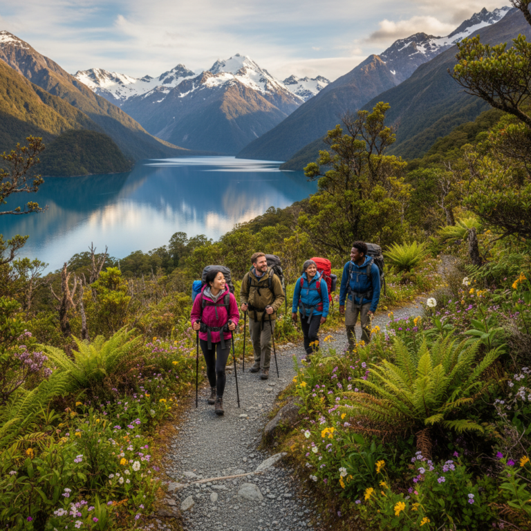 Diverse hikers trek a scenic New Zealand trail with mountains, lake, and lush greenery in the background.