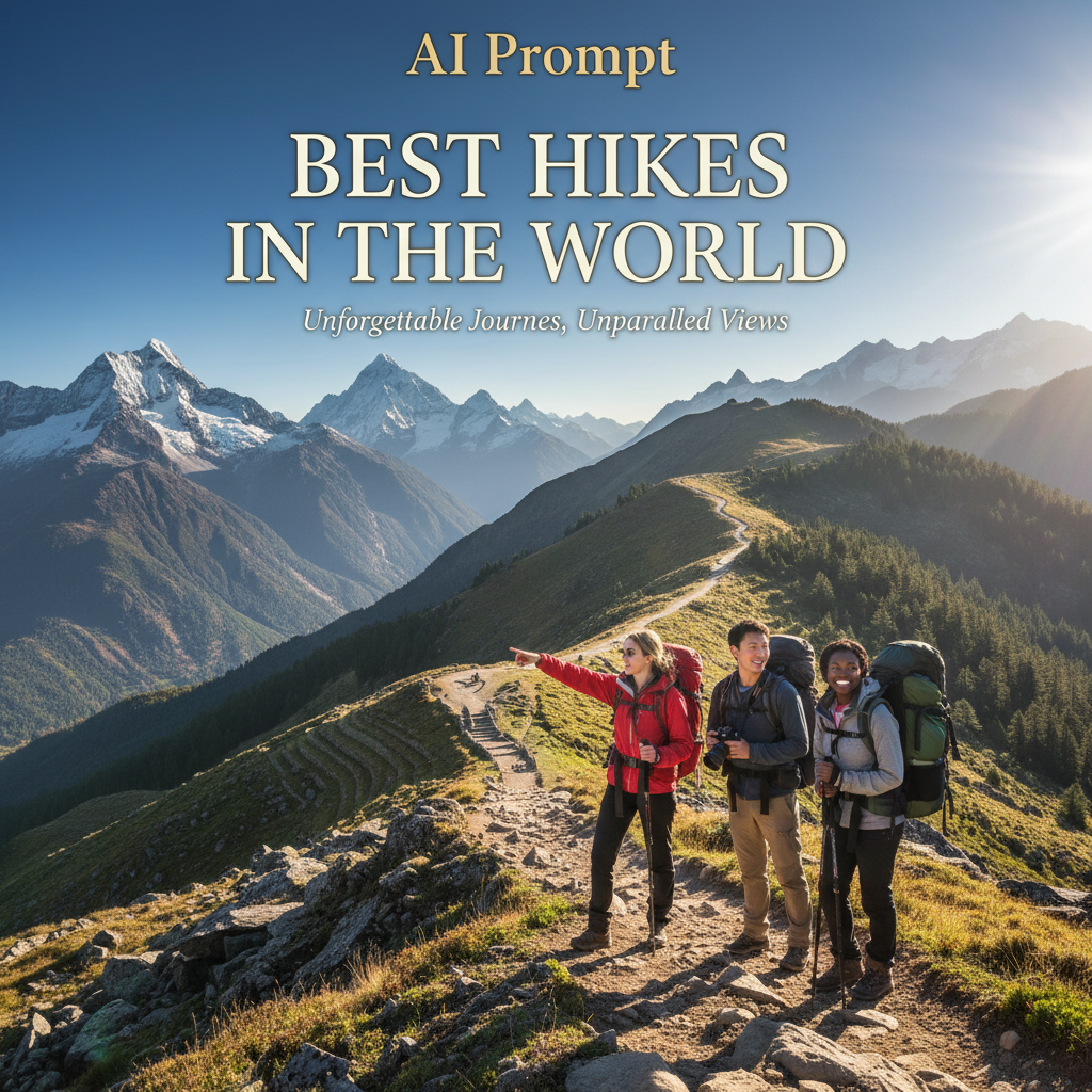 Hikers admire stunning world trails—Inca Trail, Alps, Pacific Crest—under vibrant natural light.