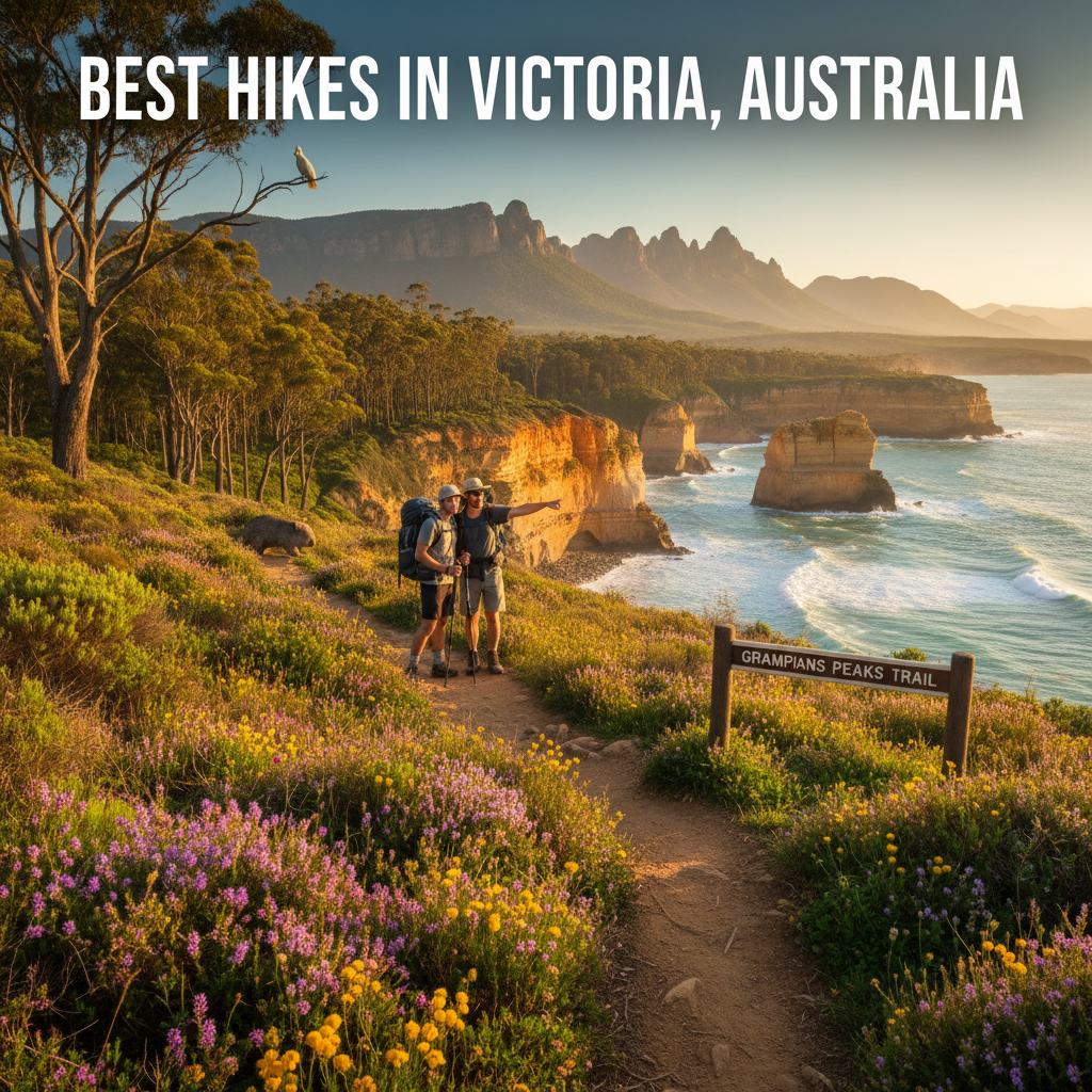 Hikers on a sunlit Victoria trail amid wildflowers, forests, cliffs, mountains, and native wildlife.