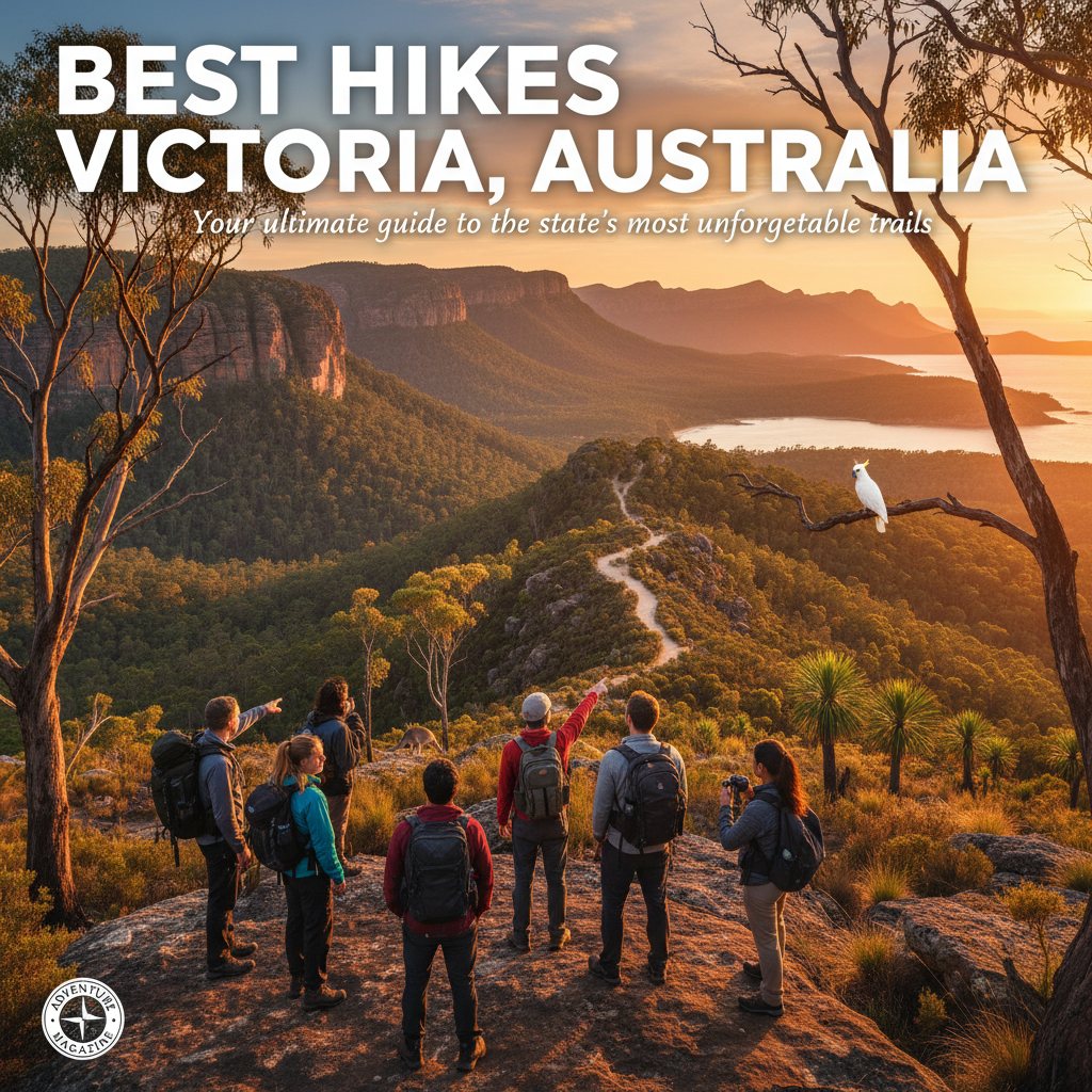 Hikers admire golden hour views over Victoria’s iconic trails, cliffs, and wildlife-filled landscapes.