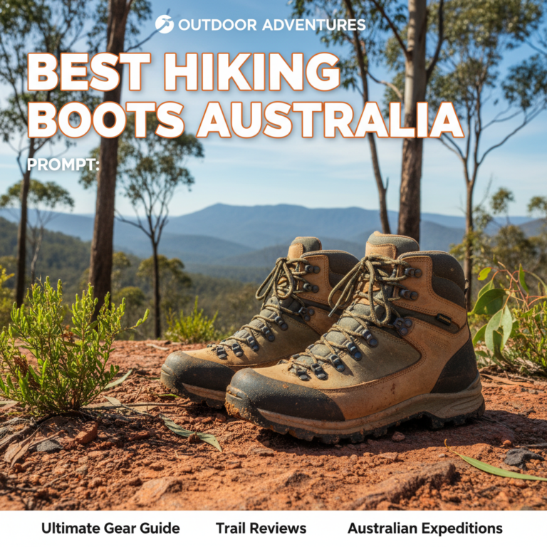 Rugged hiking boots on a rocky Australian trail with red dirt, eucalyptus, and blue mountains behind.
