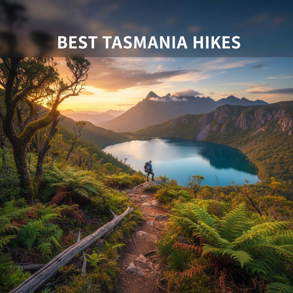 A hiker surveys Tasmania’s wild trails: rainforest, ferns, Cradle Mountain, and alpine lake at dusk.