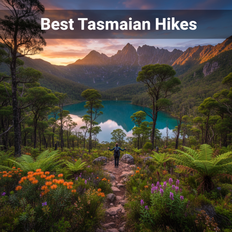 Best Tasmanian Hikes—hikers on a scenic trail in wild mountains, lakes, and lush native forests.