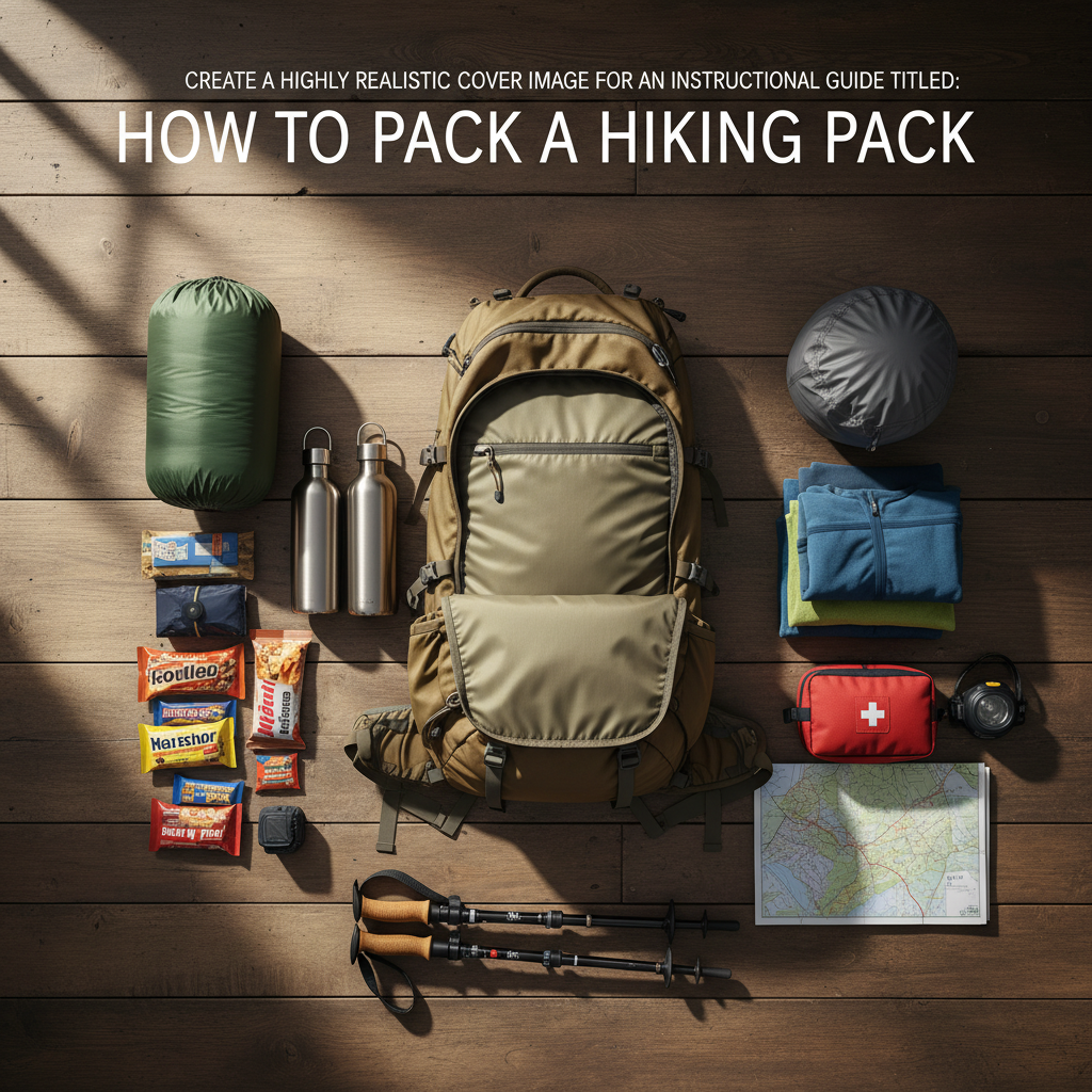 alt_text A hiking backpack and essential gear neatly laid out, ready for packing, on a wooden or outdoor surface.