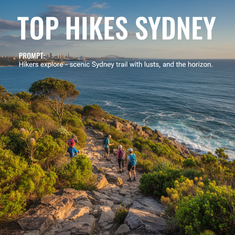 Hikers explore a scenic Sydney trail with ocean views, lush flora, and the skyline on the horizon.