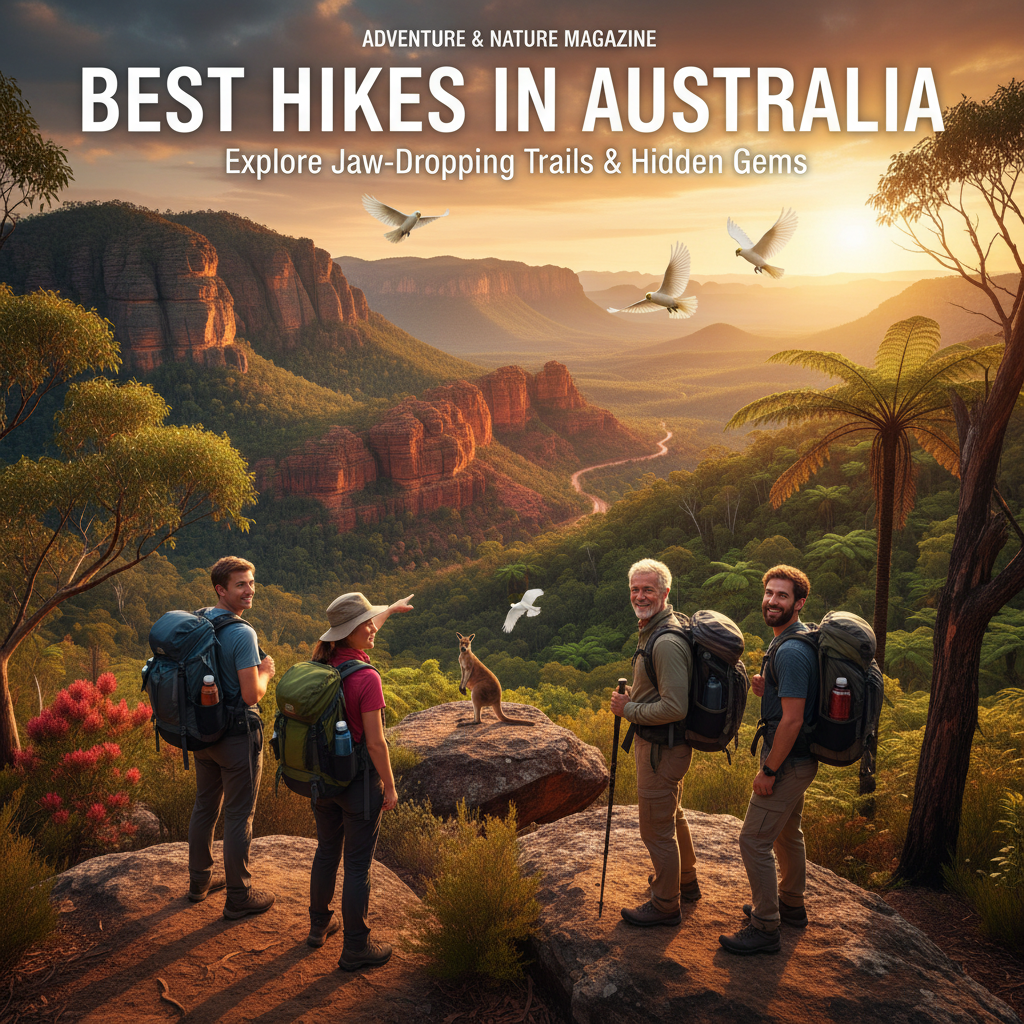 Hikers admire Australia's stunning peaks, canyons, and forests at golden hour, wildlife in the background.