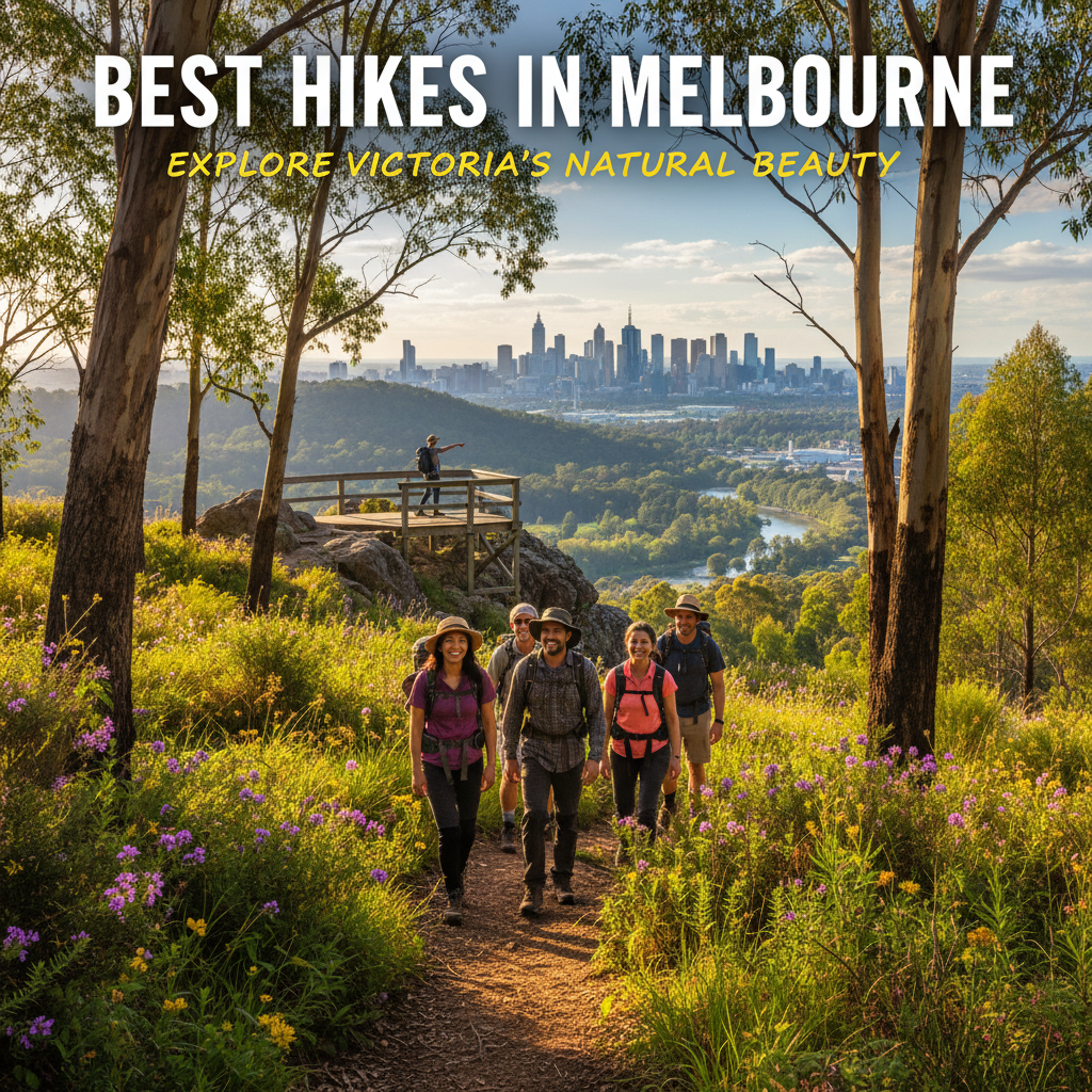 alt_text Hikers on a lush Melbourne trail with wildflowers, eucalyptus trees, and the city skyline in view.