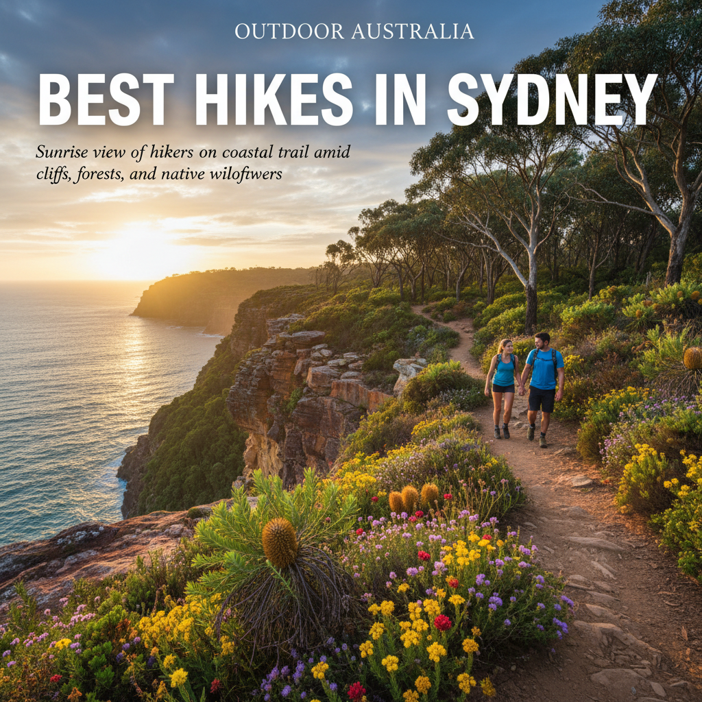 Best Hikes in Sydney: Sunrise view of hikers on coastal trail amid cliffs, forests, and native wildflowers.