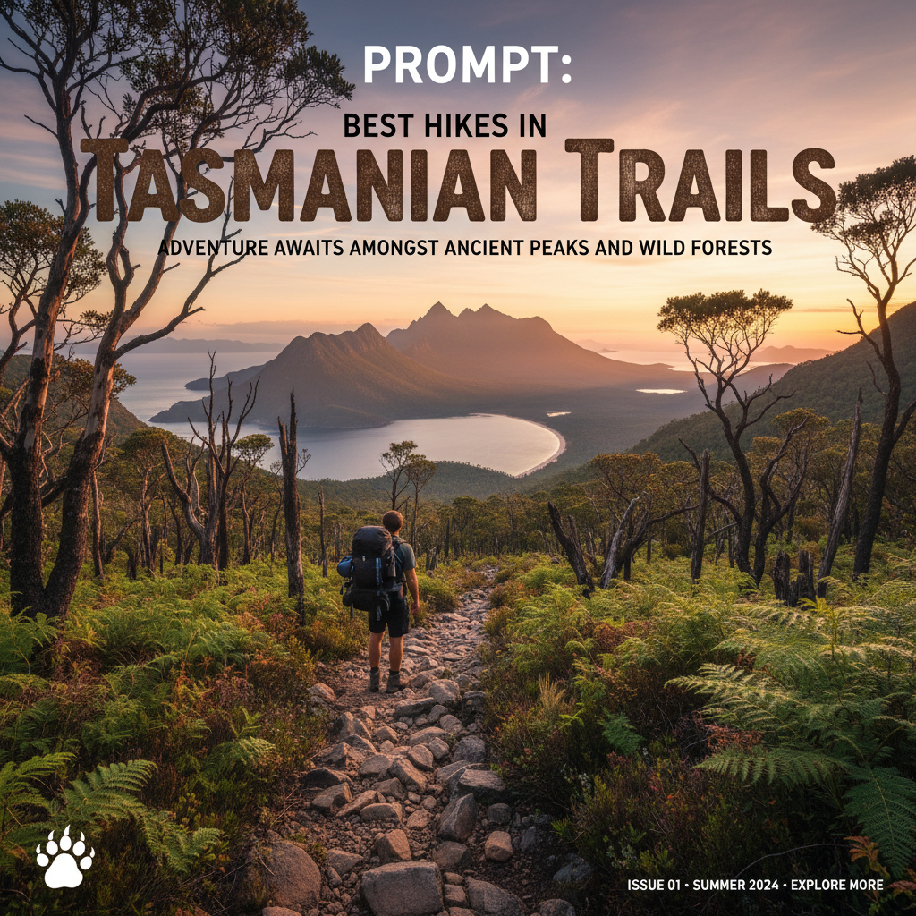 Lone hiker on lush Tasmanian trail admiring sunrise-lit peaks and wild forests, Cradle Mountain beyond