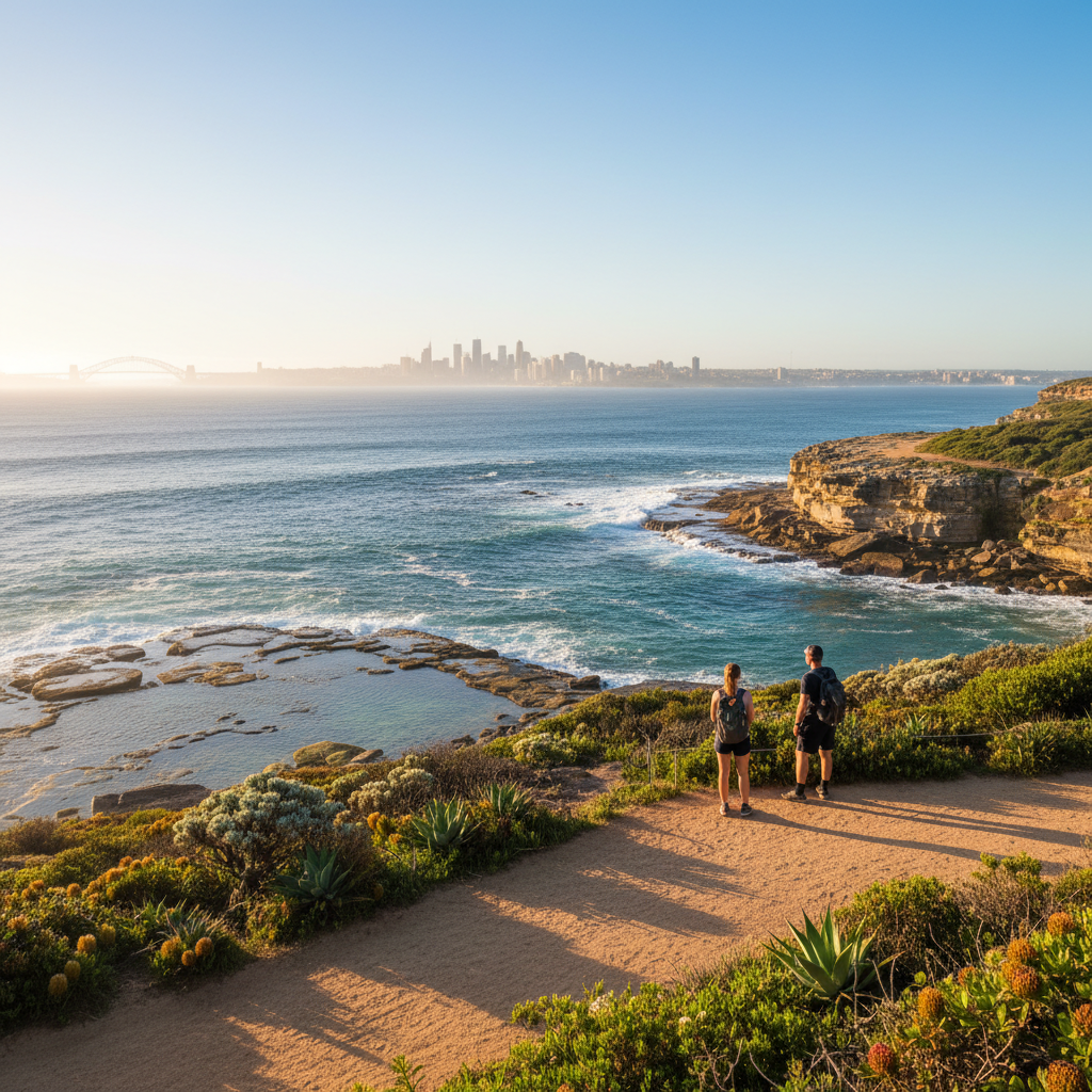 Hikers enjoy stunning coastal views, cliffs, and greenery on a scenic Sydney trail with city skyline.