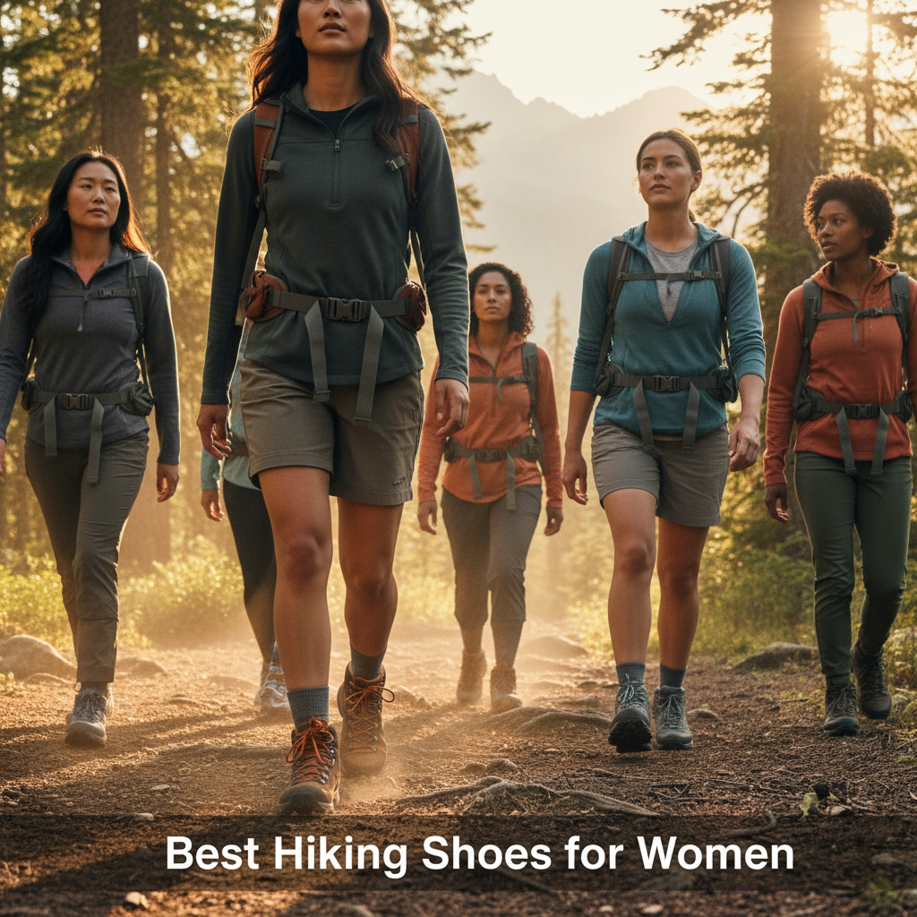 Best Hiking Shoes for Women: Diverse hikers on a forest trail showcasing stylish, durable footwear.