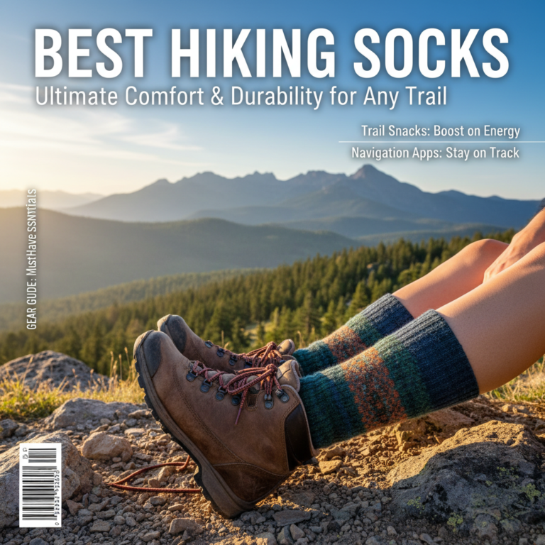 Hiker rests on mountain trail, showing cozy, durable hiking socks and boots against scenic landscape.