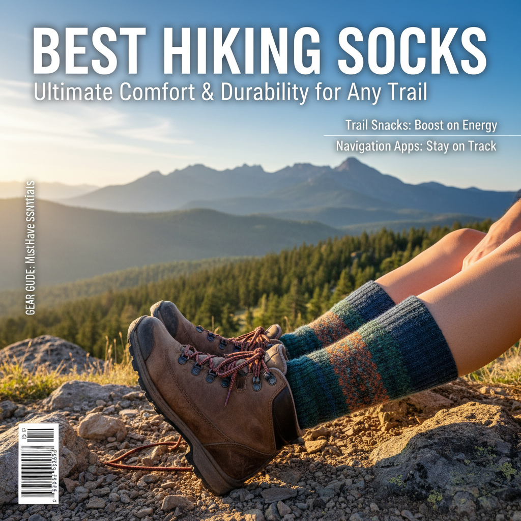 Hiker rests on mountain trail, showing cozy, durable hiking socks and boots against scenic landscape.