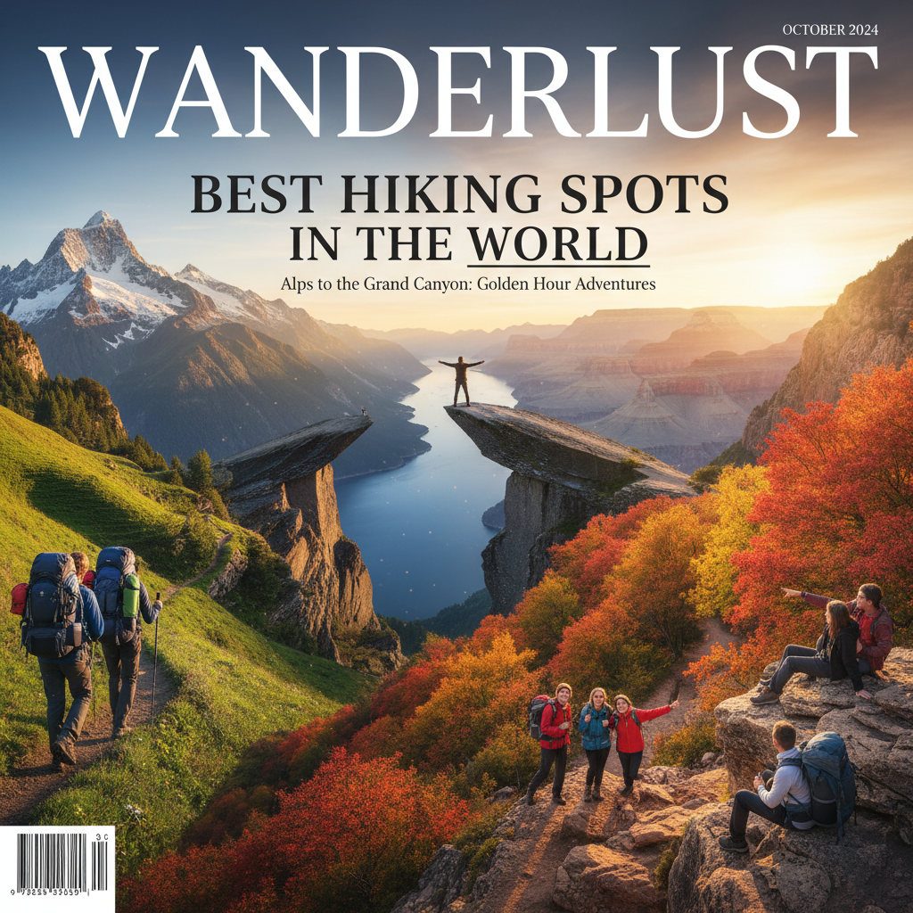 Hikers explore epic trails from the Alps to the Grand Canyon, bathed in golden hour adventure.