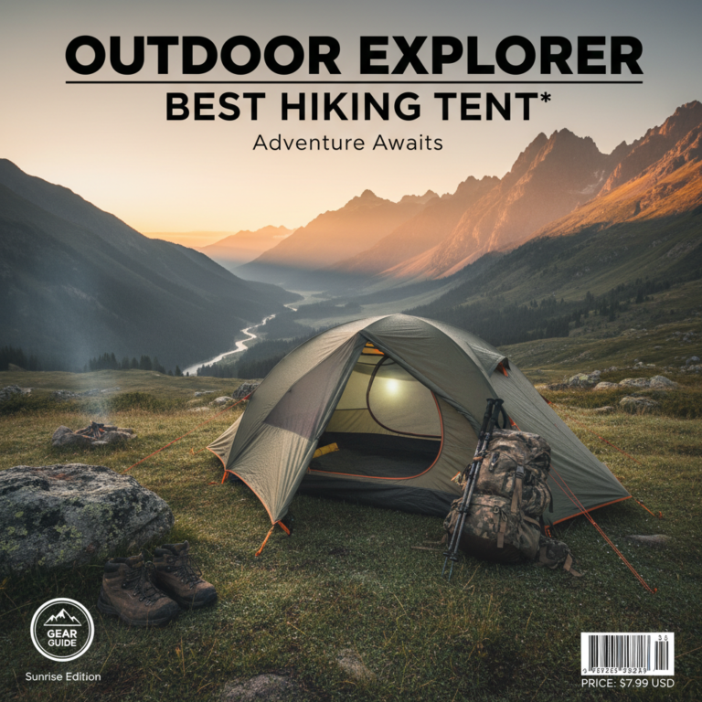 alt_text Modern hiking tent on a sunrise mountain ridge, with gear and misty, golden-lit peaks in the background.