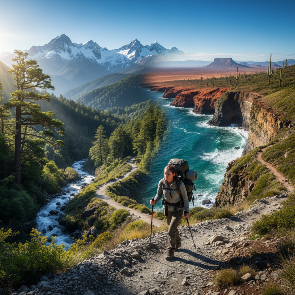 A hiker explores a stunning trail through mountains, forests, cliffs, and desert landscapes.