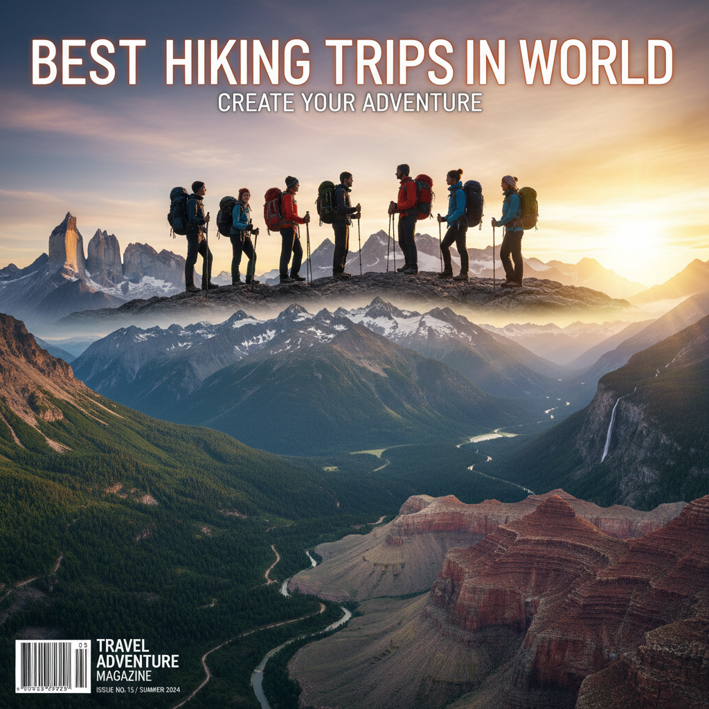 alt_text Diverse hikers atop a mountain ridge at sunrise, overlooking iconic landscapes from top hiking destinations.