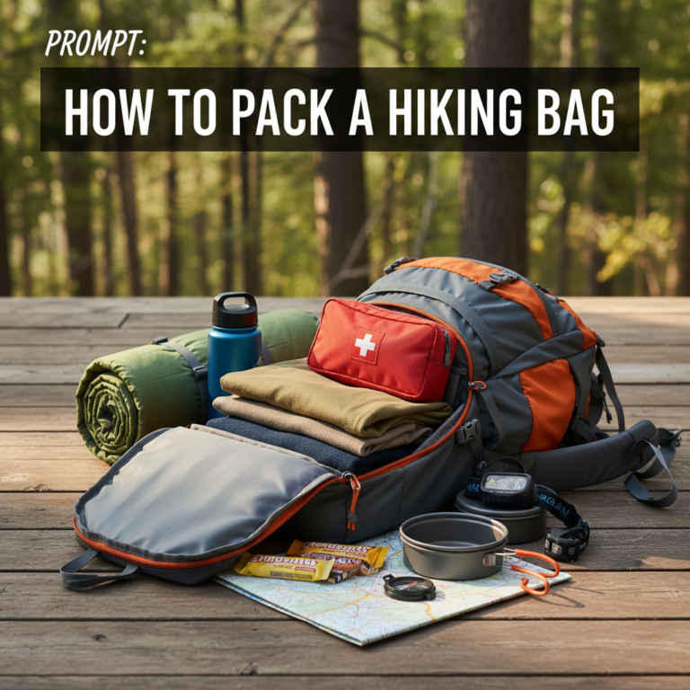 A hiking backpack with essentials neatly arranged, ready to pack for an outdoor adventure.