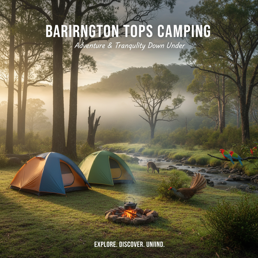 alt_text Scenic Barrington Tops campsite with tents, campfire, eucalypt forest, wildlife, and morning mist.