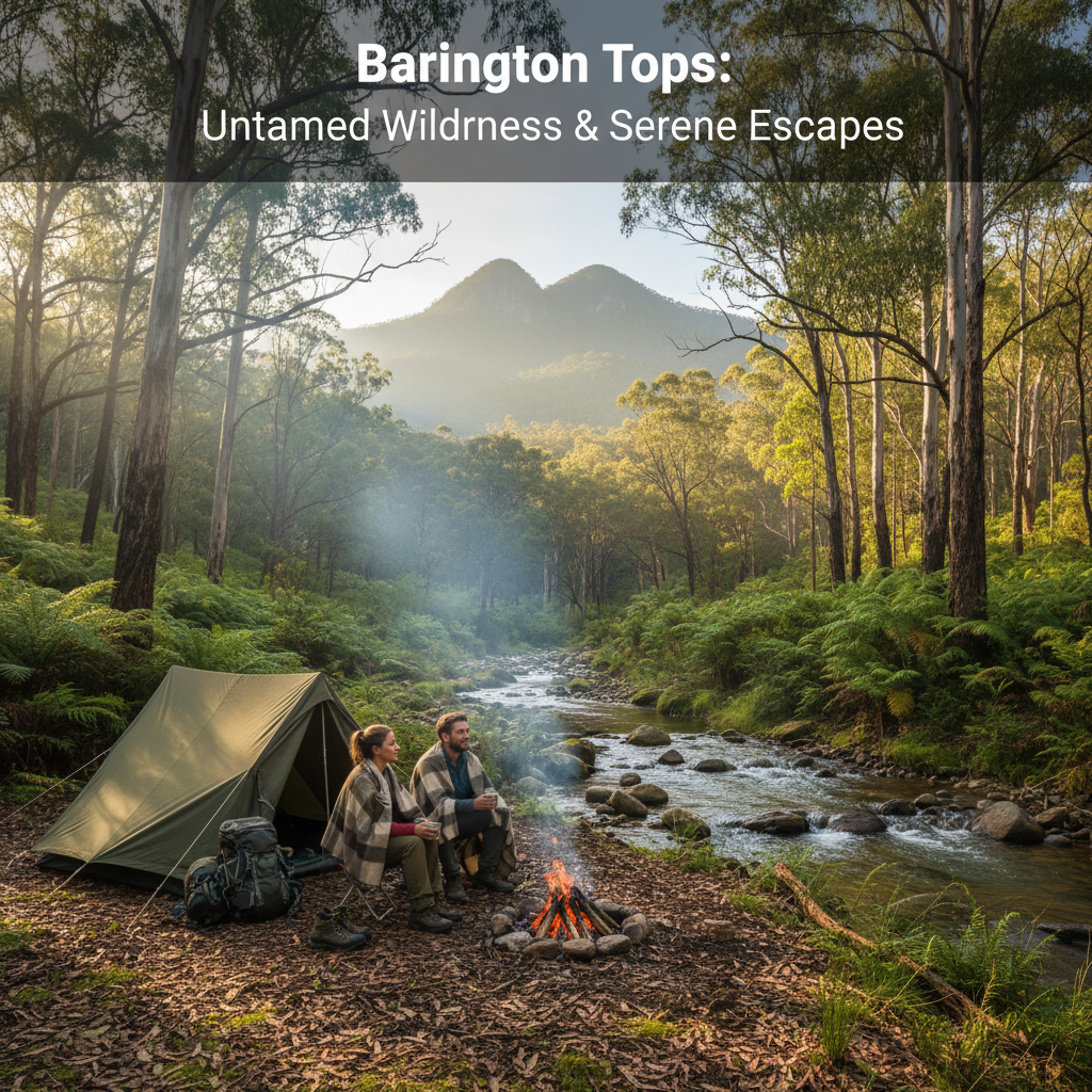 alt_text Cozy campsite in misty Barrington Tops forest, hikers by a stream, sunlight on lush wilderness.