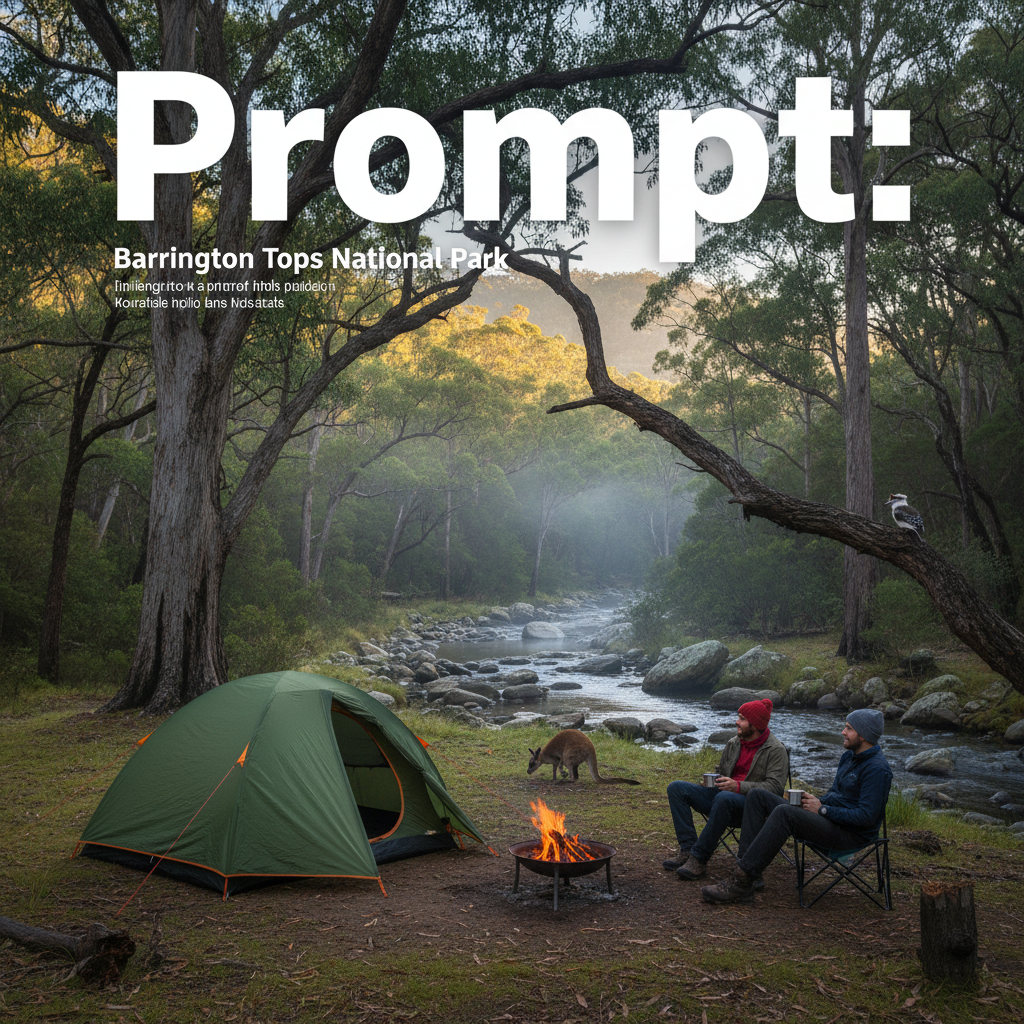 alt_text: Serene campsite in lush Barrington Tops forest with wildlife, misty stream, and relaxing hikers.