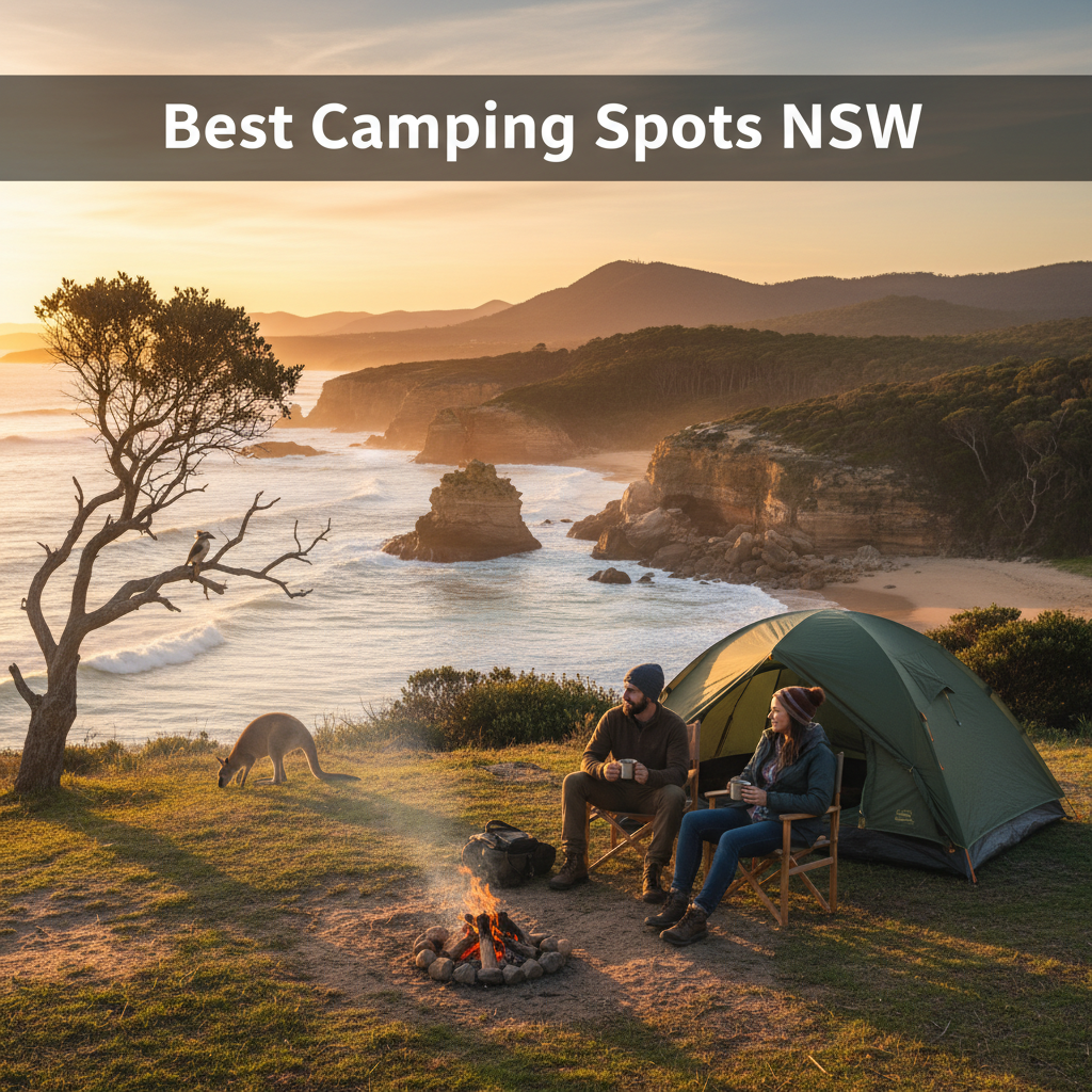 Sunrise campsite in NSW: tent, campfire, friends, wildlife, and stunning mountains or coastline.