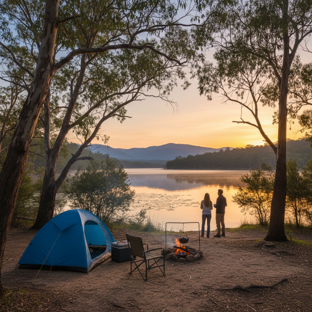 Campers by a lakeside tent in Victoria, Australia, surrounded by eucalyptus trees at sunrise.