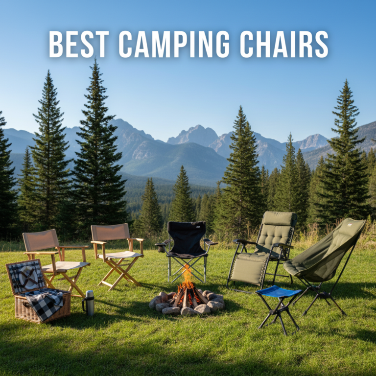 A variety of camping chairs arranged around a campfire with mountains and pine trees in the background.