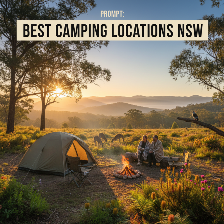 Campers by a tent and campfire at sunrise in scenic NSW bushland, with wildlife and lush trees nearby.