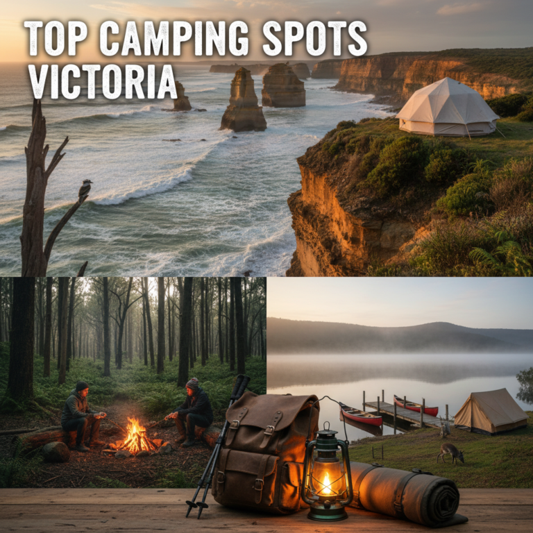 alt_text Collage of Victoria camping spots with tents, wildlife, and gear; text: Top Camping Spots Victoria