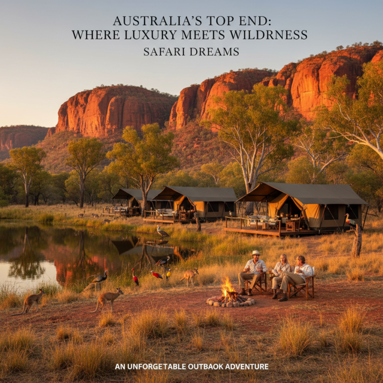Luxury safari camp in Australia’s Top End with wildlife, tents, and guests by a campfire at sunset.