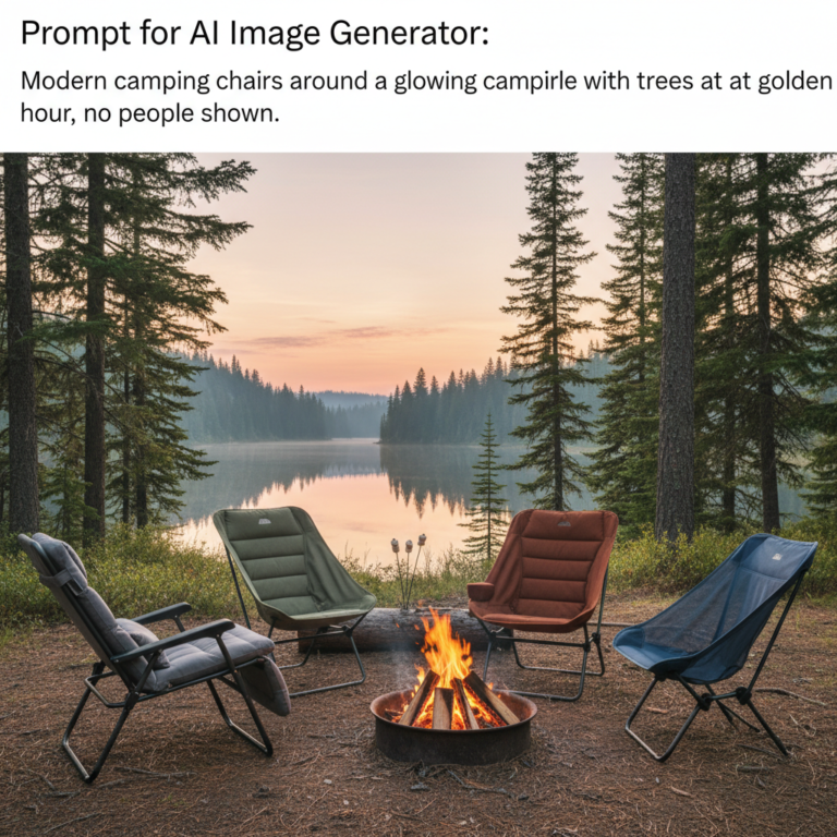 alt_text Modern camping chairs around a glowing campfire with trees and a lake at golden hour, no people shown.