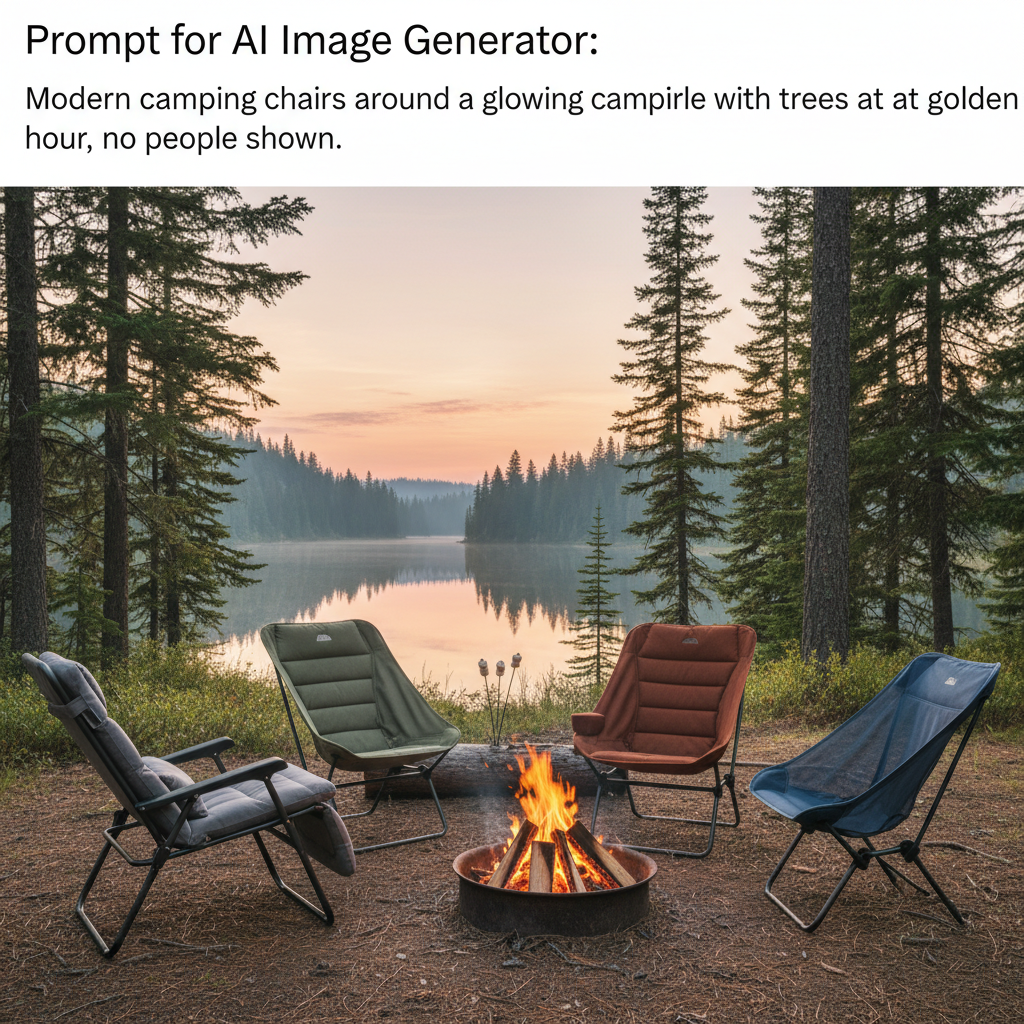 alt_text Modern camping chairs around a glowing campfire with trees and a lake at golden hour, no people shown.