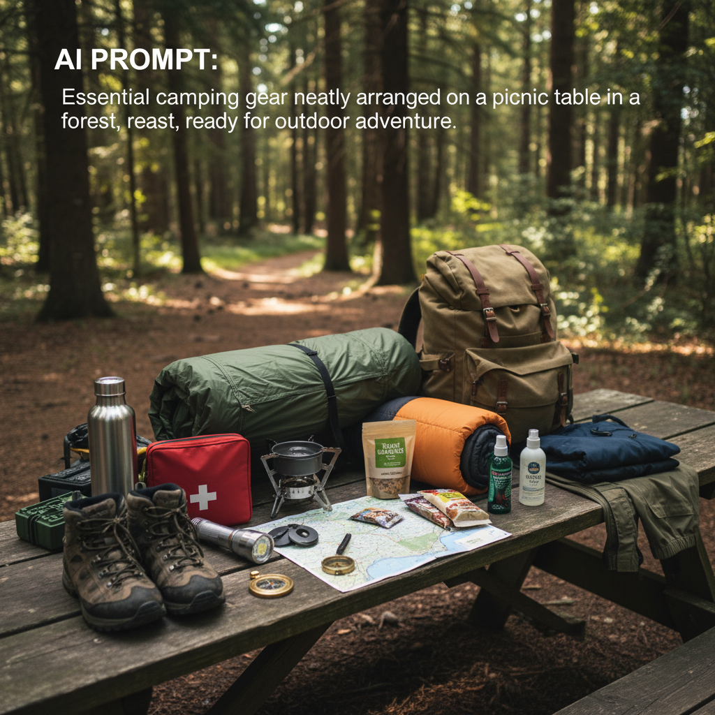 Essential camping gear neatly arranged on a picnic table in a forest, ready for an outdoor adventure.
