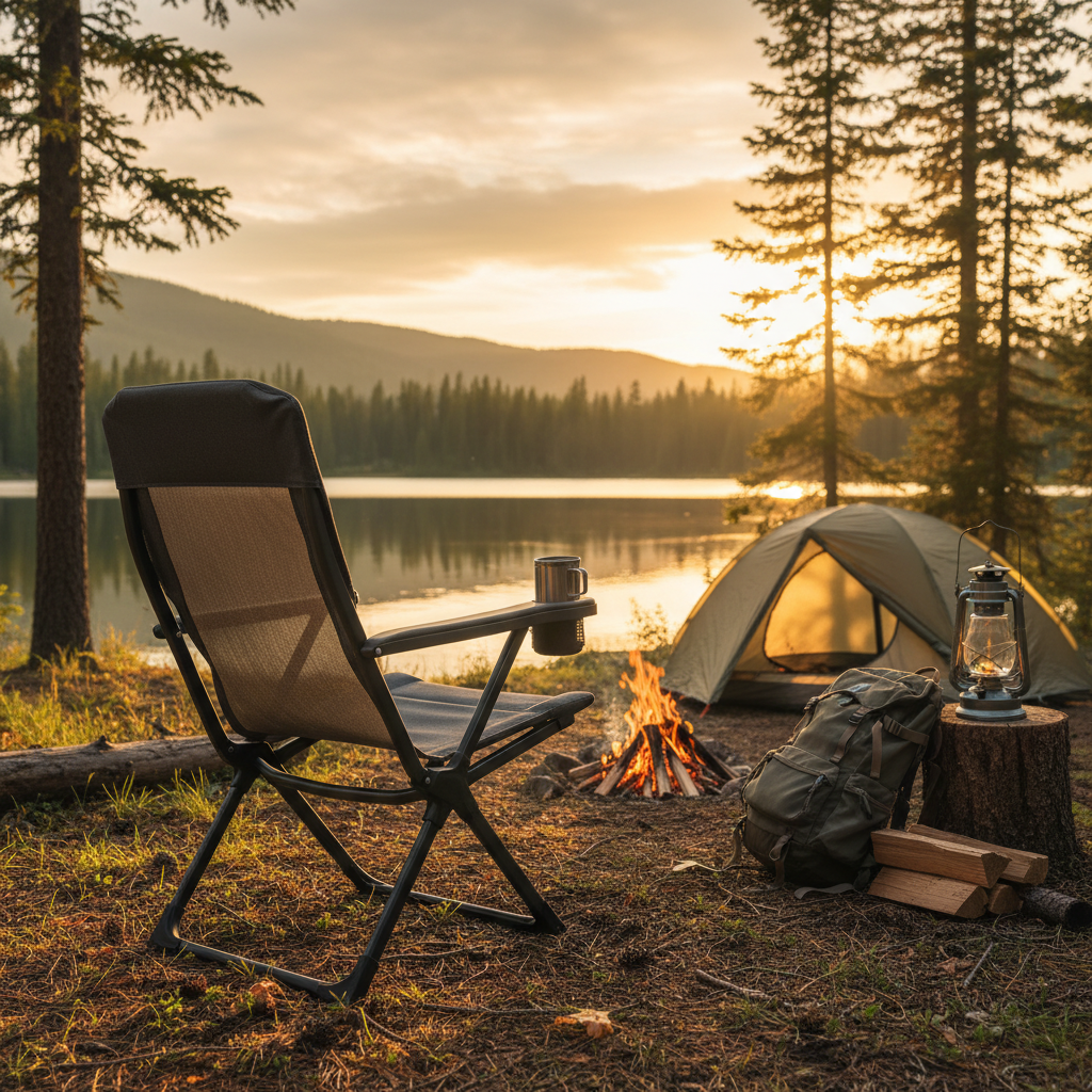 Best camping chair by a campfire at sunset, with tent, lantern, and backpack in a scenic outdoor setting