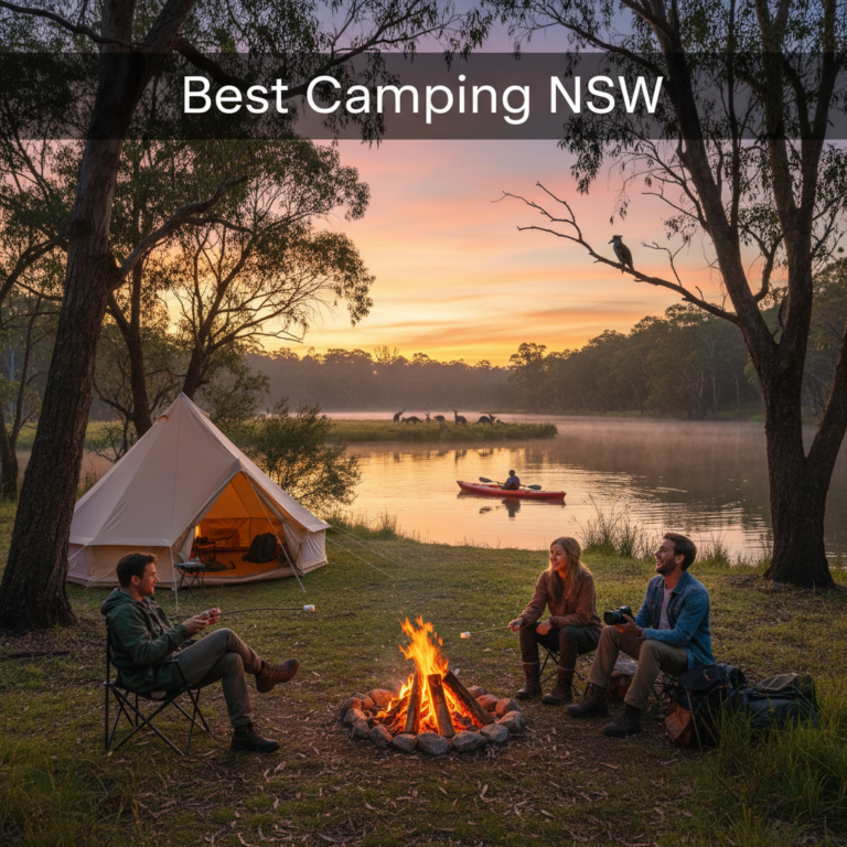 Scenic lakeside NSW campsite with tent, campfire, wildlife, and people enjoying nature—Best Camping NSW
