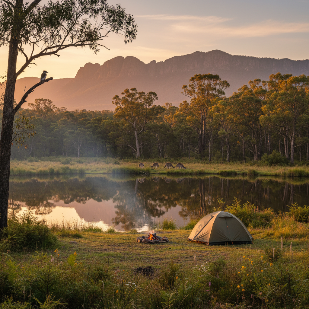 A cozy tent by a lake, campfire, and kangaroos amid eucalyptus forest in Victoria at sunrise.