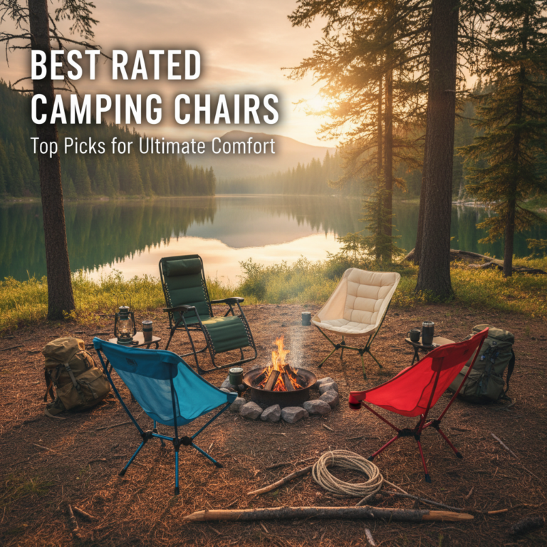Best Rated Camping Chairs: Top picks arranged around a campfire in a scenic, inviting outdoor setting