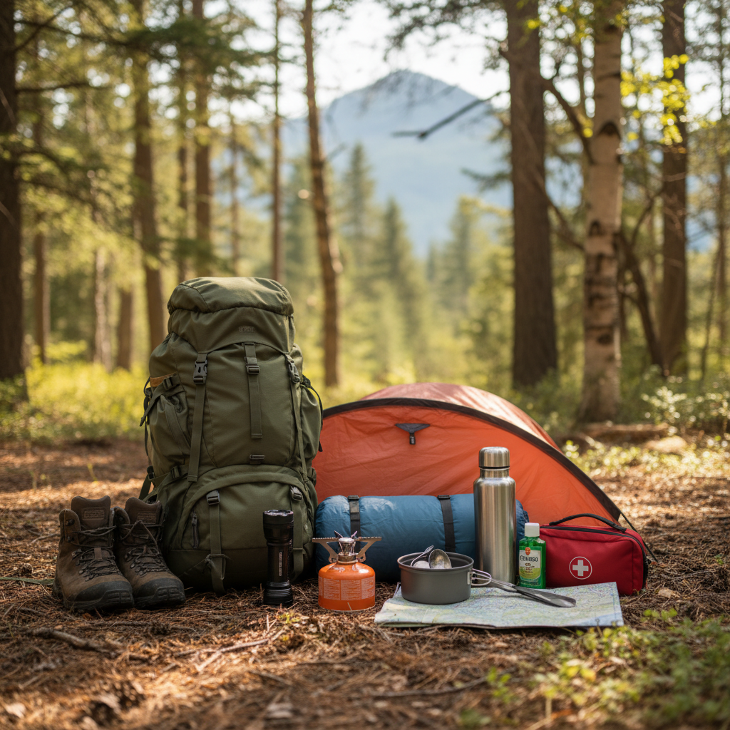 Essential camping gear neatly arranged outdoors, ready for adventure in a scenic forest setting.