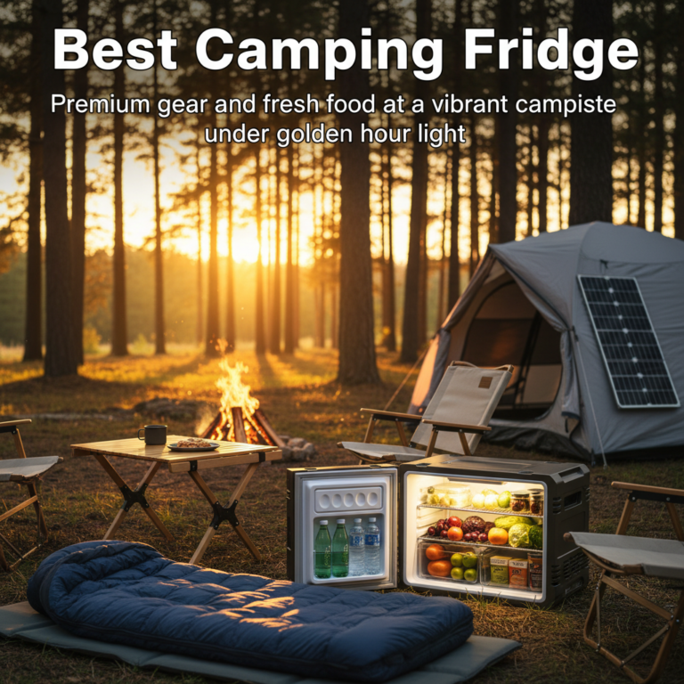 Best Camping Fridge: Premium gear and fresh food at a vibrant campsite under golden hour light.