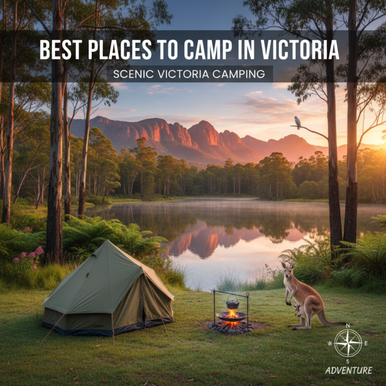 Scenic Victoria camping: tent by lake, eucalyptus forest, kangaroo, sunrise, Grampians in background.
