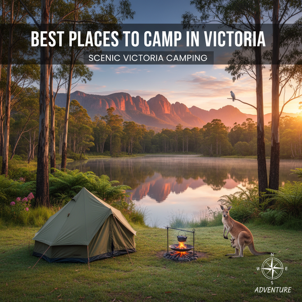 Scenic Victoria camping: tent by lake, eucalyptus forest, kangaroo, sunrise, Grampians in background.