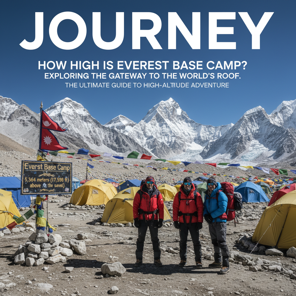 Trekkers at Everest Base Camp with tents, prayer flags, and peaks under a bright sky; travel magazine style.