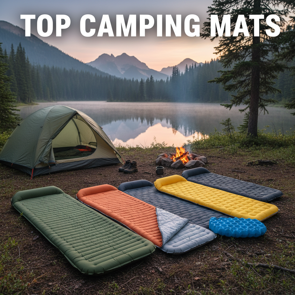A variety of camping mats arranged outdoors by a tent, boots, and campfire in a scenic sunrise setting.