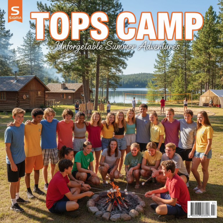 Diverse teens in colorful tops enjoy summer camp by cabins, lake, campfire, and outdoor activities.