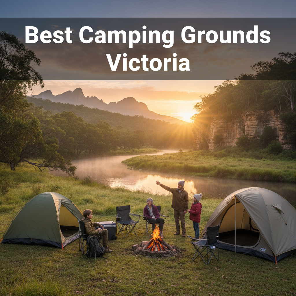 Families camping by a river at sunrise in Victoria, with iconic Aussie landscapes and the article title overlay.