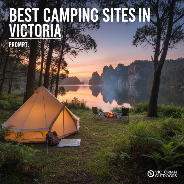 Tent by a tranquil lake at sunrise, with lush trees, cliffs, and campfire in scenic Victoria, Australia.