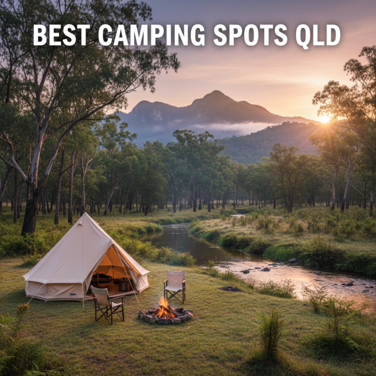 Scenic sunrise camping in Queensland: tent, campfire, eucalyptus trees, creek, and rugged mountains.