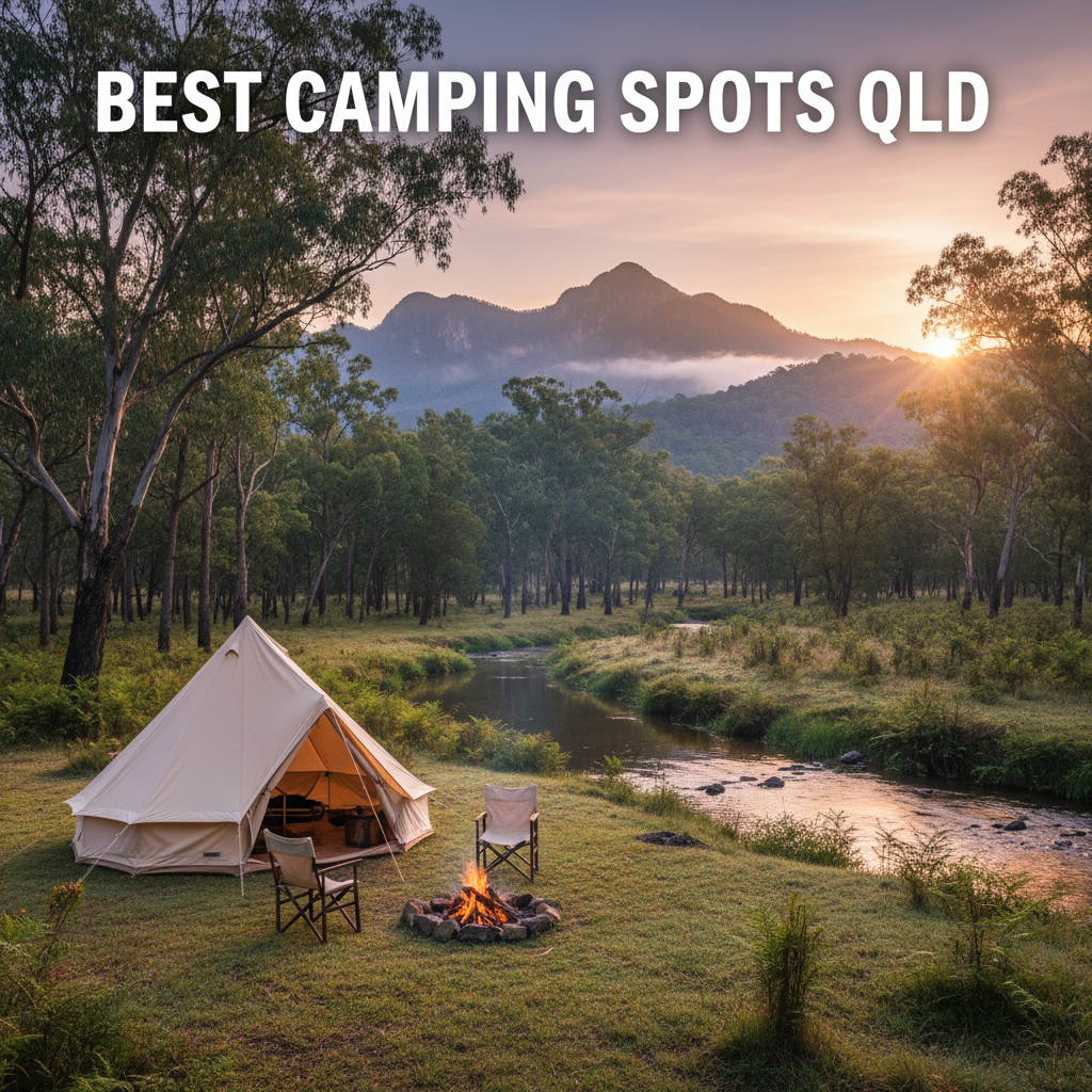 Scenic sunrise camping in Queensland: tent, campfire, eucalyptus trees, creek, and rugged mountains.